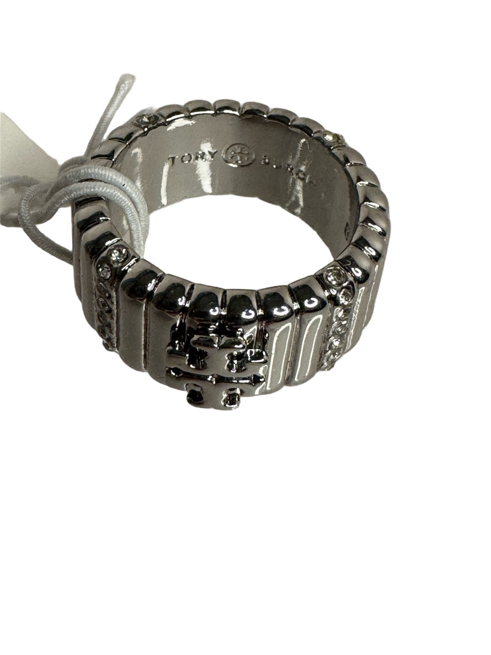Tory Burch Britten Pave Crystal
Textured Logo Silver-Toned Band Ring Size 8